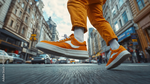 A man in yellow sneakers and white socks dances down a city street. Concept of energy and happiness.