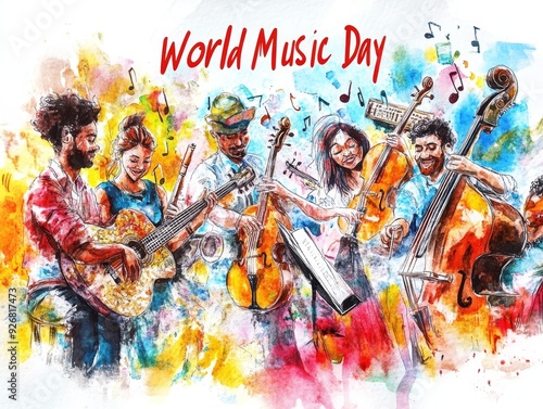 Celebration of musicians playing together for World Music Day in a vibrant outdoor setting with colorful decorations. Generative AI