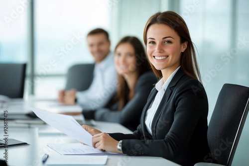 Confident young businesswoman presenting during a team meeting, holding a document and smiling while leading a conference call in a modern office environment.