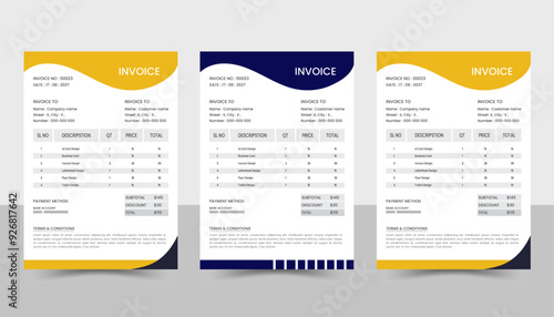 A bundle of 3 templates of different color a4 Invoice template, abstract business Invoice and vector template.	