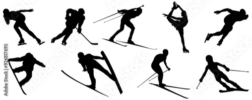 Winter sports.Collection of silhouettes of athletes.Hockey player, biathlete, skater, skier, slalom, snowboarder, ski jumper, figure skating.Vector illustration.