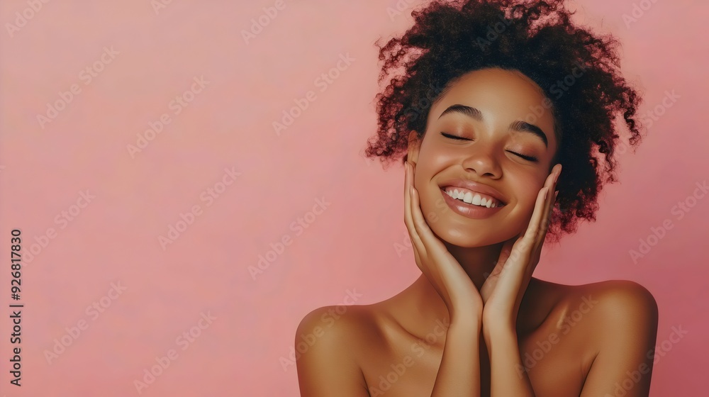 A Youthful African American Woman, smiling, touching her flawless skin, copy space for your advertisement, pink background, skincare., AI A Youthful African American Woman, smiling, touching her flawless skin, copy space for your advertisement, pink background, skincare., AI