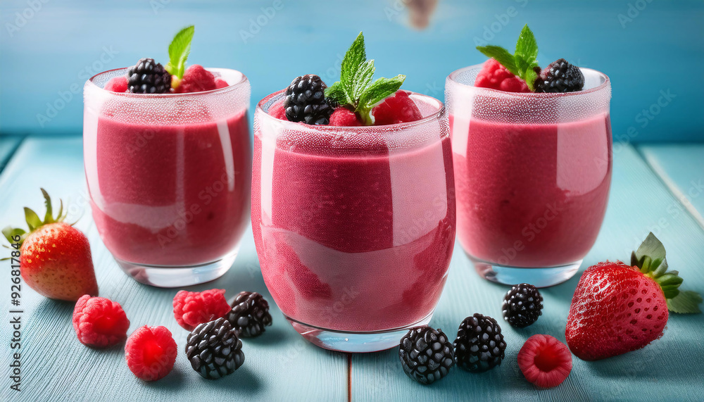 Three glasses of a vibrant red berry smoothie with fresh mint, surrounded by raspberries, blueberries, and blackberries on a light blue wooden table Three glasses of a vibrant red berry smoothie with fresh mint, surrounded by raspberries, blueberries, and blackberries on a light blue wooden table