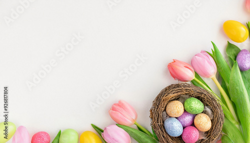 Happy easter concept decoration background. Top view photo of colorful easter eggs in a nest and pink tulips with copy space on isolated white paper background. Flay lay