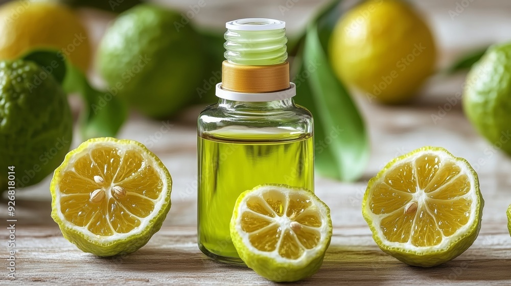 Bottled Lemon Oil Surrounded by Fresh Lemon Slices Bottled Lemon Oil Surrounded by Fresh Lemon Slices