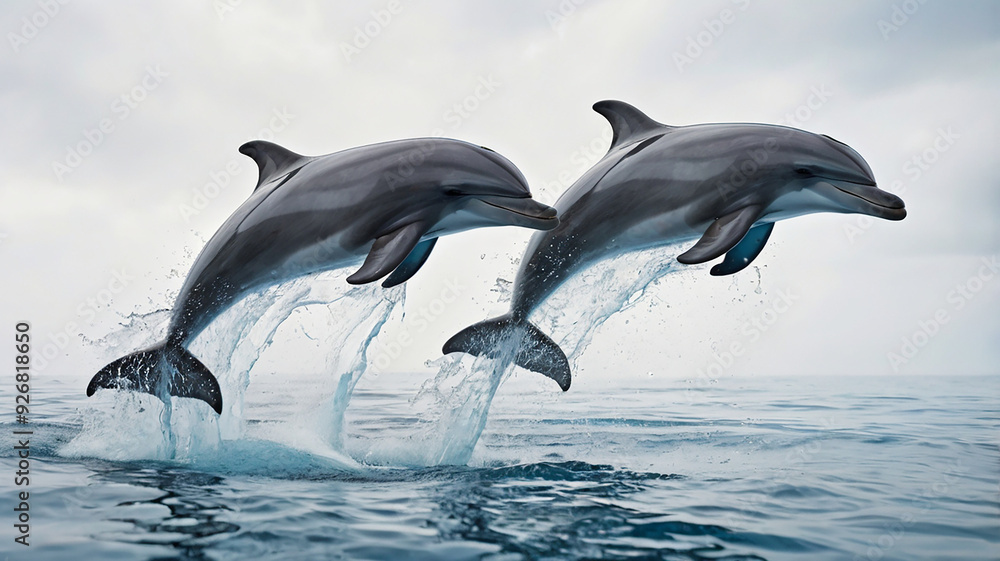 A pair of playful dolphins leaping out of the water, frozen in mid-air against a white background, their sleek bodies and joyful expressions sharply defined. A pair of playful dolphins leaping out of the water, frozen in mid-air against a white background, their sleek bodies and joyful expressions sharply defined.
