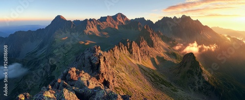 Panoramic view of Tatra Mountains at sunrise, capturing golden hour light on summer peaks and autumn foliage, with red hues on rocky landscapes, offering a breathtaking and detailed natural scene.