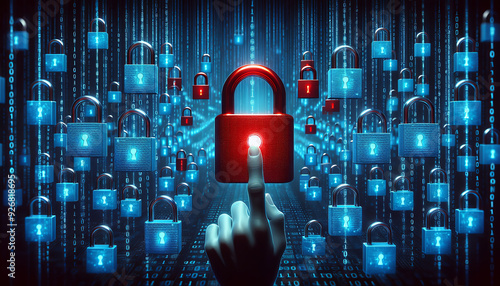 A hand selects a red glowing lock among blue ones on a binary code background, symbolizing unique access in cybersecurity.