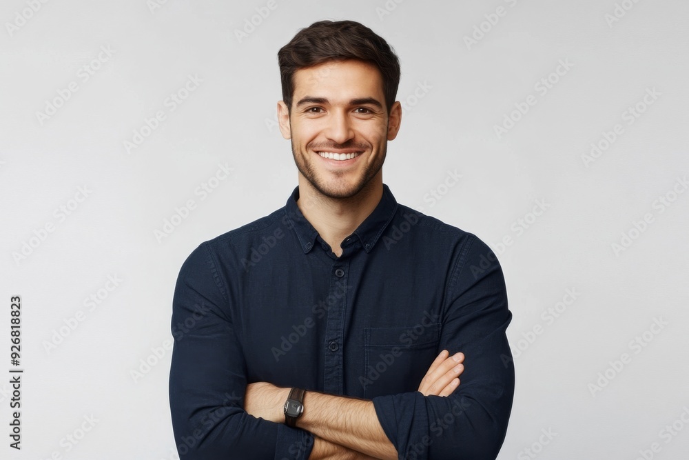Smiling man with folded arms in a dark blue shirt, posing confidently against a grey background, ideal for advertising and web design. High-resolution portrait with a professional andapproachable look Smiling man with folded arms in a dark blue shirt, posing confidently against a grey background, ideal for advertising and web design. High-resolution portrait with a professional andapproachable look