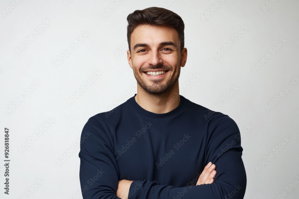 Smiling man with folded arms in a dark blue shirt, posing confidently against a grey background, ideal for advertising and web design. High-resolution portrait with a professional andapproachable look Smiling man with folded arms in a dark blue shirt, posing confidently against a grey background, ideal for advertising and web design. High-resolution portrait with a professional andapproachable look