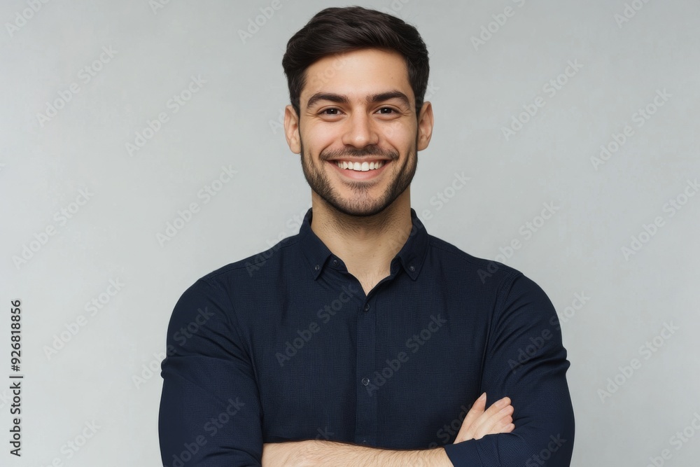 Smiling man with folded arms in a dark blue shirt, posing confidently against a grey background, ideal for advertising and web design. High-resolution portrait with a professional andapproachable look Smiling man with folded arms in a dark blue shirt, posing confidently against a grey background, ideal for advertising and web design. High-resolution portrait with a professional andapproachable look