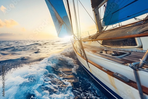 Sailing yacht in open sea at sunset, close-up of wooden cabin and blue sails gliding over high waves. Ideal for travel and adventure concepts.