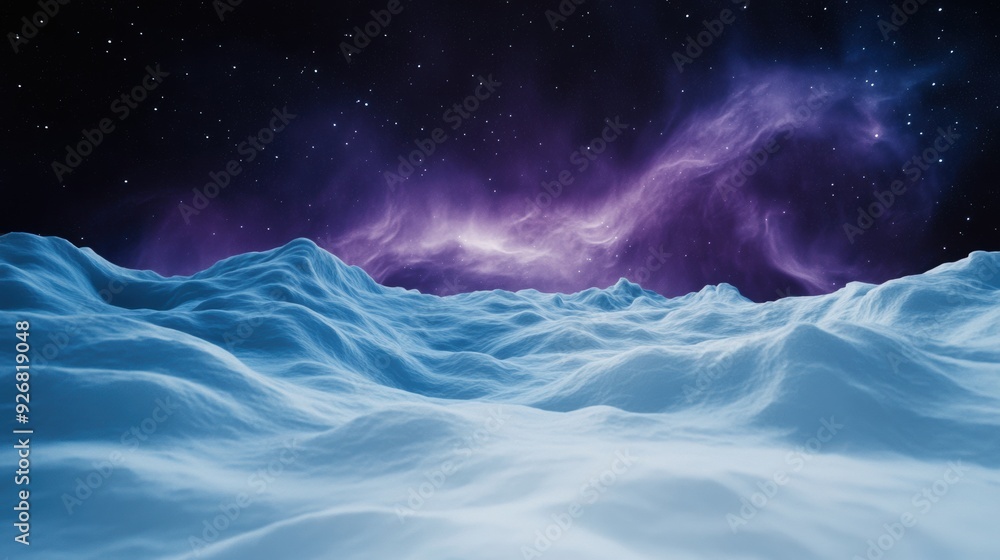 Naklejka premium A purple and blue light is shining over a snowy landscape, AI