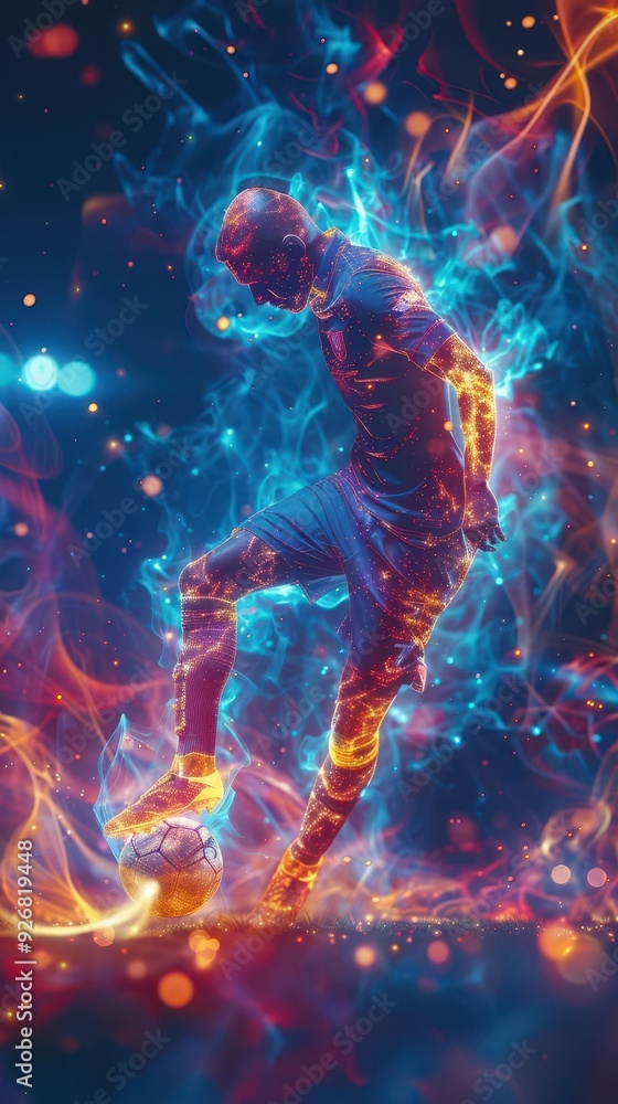 Soccer player kicking ball, holographic stadium, vibrant colors, dynamic Soccer player kicking ball, holographic stadium, vibrant colors, dynamic