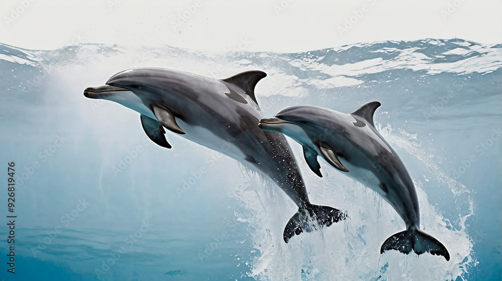 Fototapeta premium A pair of playful dolphins leaping out of the water, frozen in mid-air against a white background, their sleek bodies and joyful expressions sharply defined.