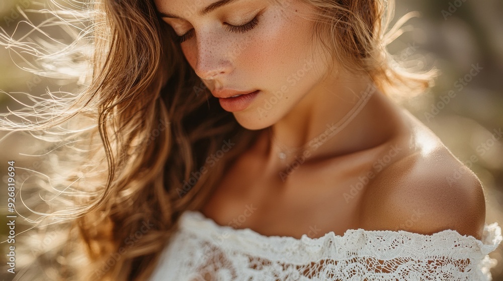 A woman with long hair wearing a white top and looking off into the distance, AI A woman with long hair wearing a white top and looking off into the distance, AI