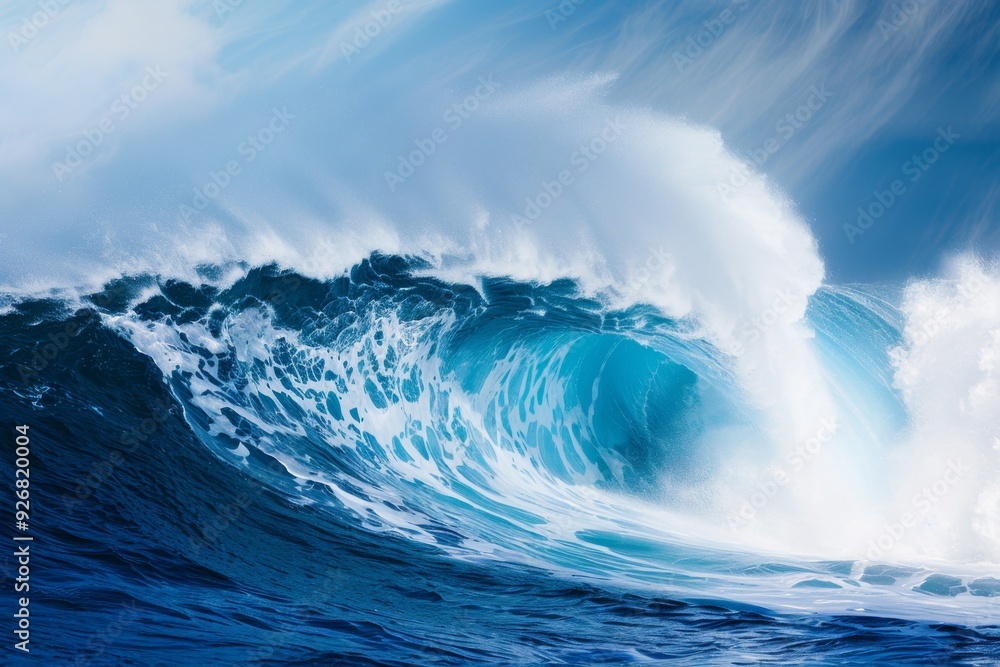 Majestic powerful ocean wave crashing with blue and white colors against a clear sky background, captured from an eye-level perspective, showcasing the raw force of nature. Majestic powerful ocean wave crashing with blue and white colors against a clear sky background, captured from an eye-level perspective, showcasing the raw force of nature.