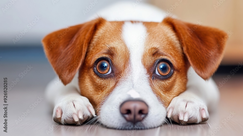 A small brown and white dog laying on the floor with its eyes closed, AI A small brown and white dog laying on the floor with its eyes closed, AI