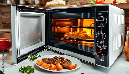 A multifunctional oven in a modern kitchen emits warm light from the inside. photo