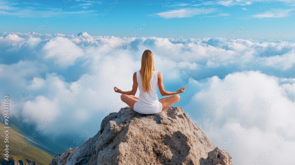 A woman meditating on a mountain top overlooking the clouds, AI A woman meditating on a mountain top overlooking the clouds, AI