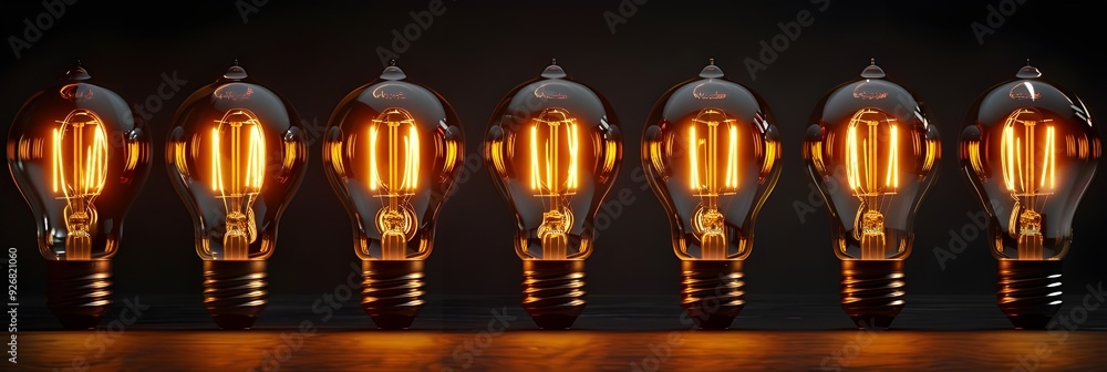 A row of light bulbs each bulb against black background. A row of light bulbs each bulb against black background.