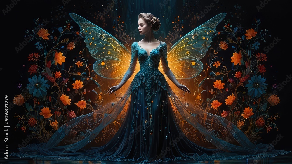 A shimmering ethereal spirit of neoVictorian inspiration ,girl wearing butterfly costume in a starry night A shimmering ethereal spirit of neoVictorian inspiration ,girl wearing butterfly costume in a starry night