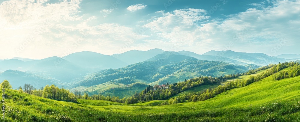 Obraz premium Panoramic view of the mountain range in spring, with lush green grass on rolling hills and distant mountains, providing ample space for text.