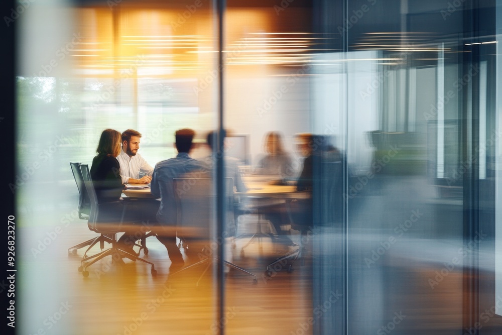 Business team collaborating around a table in a modern office, captured through glass walls, planning for success with a blurred effect that adds dynamic movement, emphasizing teamwork and strategy. Business team collaborating around a table in a modern office, captured through glass walls, planning for success with a blurred effect that adds dynamic movement, emphasizing teamwork and strategy.