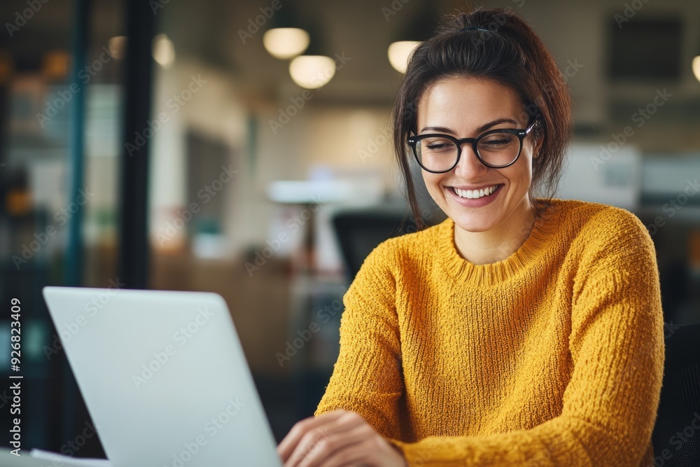 Joyful woman in yellow sweater and glasses, smiling while working on digital marketing project for online business, with blurred office background. Joyful woman in yellow sweater and glasses, smiling while working on digital marketing project for online business, with blurred office background.