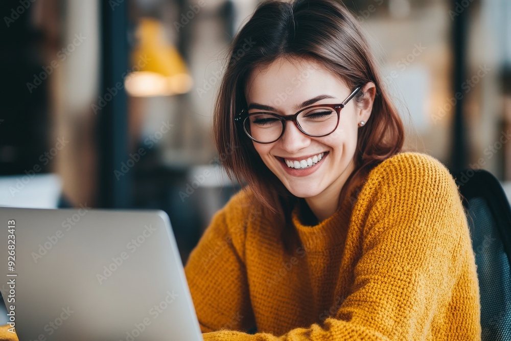 Joyful woman in yellow sweater and glasses, smiling while working on digital marketing project for online business, with blurred office background. Joyful woman in yellow sweater and glasses, smiling while working on digital marketing project for online business, with blurred office background.