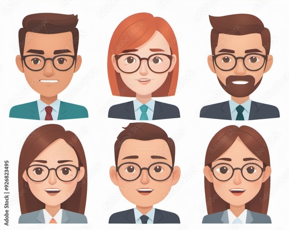Portraits of drawn office workers; AI generative. Portraits of drawn office workers; AI generative.