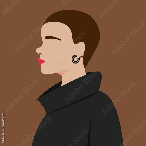 llustration of woman with short hair and black earrings, abstract illustration, flat vector illustration,