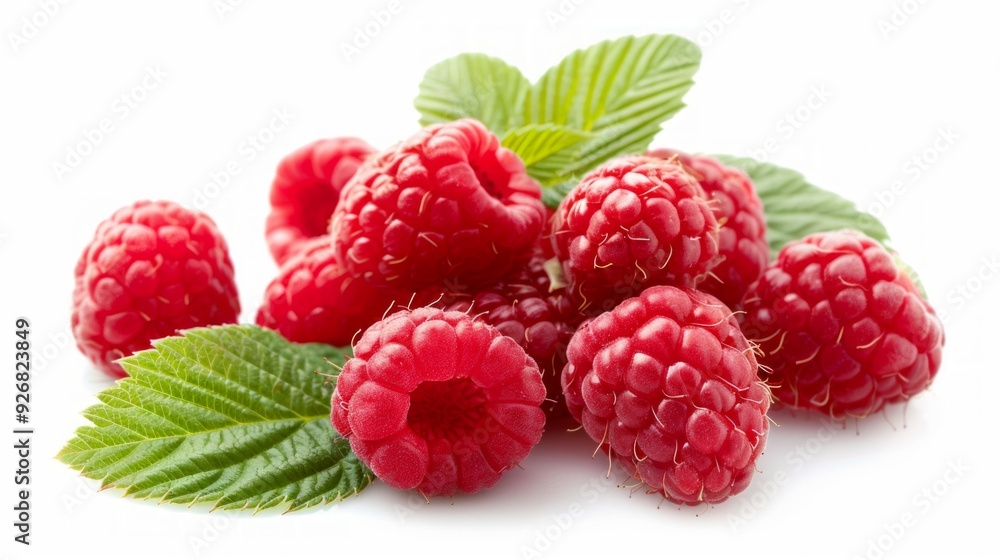 Fresh and juicy raspberries arranged beautifully with green leaves. This vibrant fruit evokes a sense of summer and sweetness. Perfect for food photography or healthy recipes. AI Fresh and juicy raspberries arranged beautifully with green leaves. This vibrant fruit evokes a sense of summer and sweetness. Perfect for food photography or healthy recipes. AI