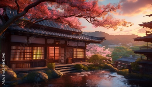 japanese temple at sunset photo