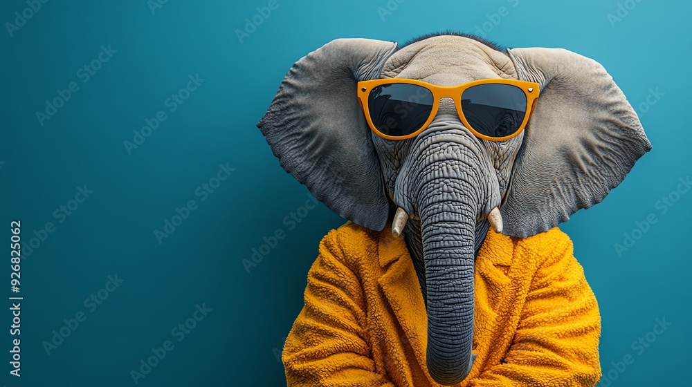 Elephant in a yellow suit with sunglasses, light blue background, modern and trendy Elephant in a yellow suit with sunglasses, light blue background, modern and trendy