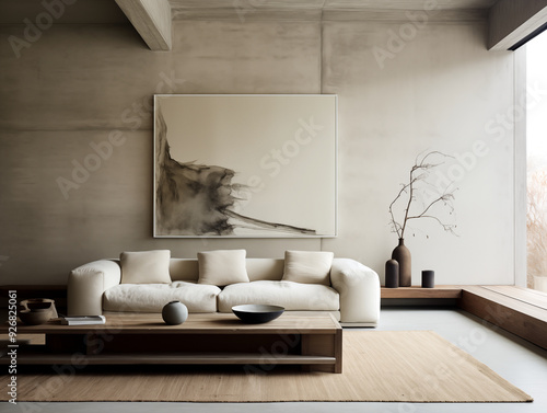 Wabi sabi japanese style rustic interior living room in neutral with wood texture elements photo