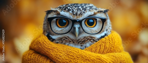 Owl wearing glasses and a sweater, vibrant yellow background, portraitstyle closeup photo