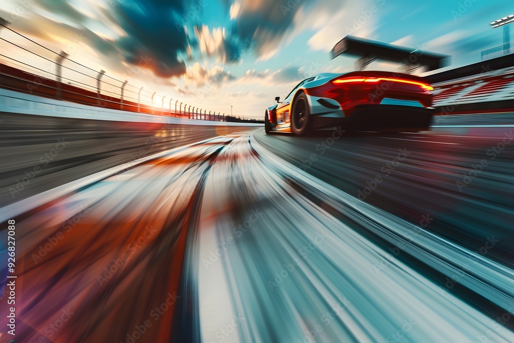 A dynamic image of a race car zooming past the finish line, with motion blur effects highlighting the speed and excitement A dynamic image of a race car zooming past the finish line, with motion blur effects highlighting the speed and excitement