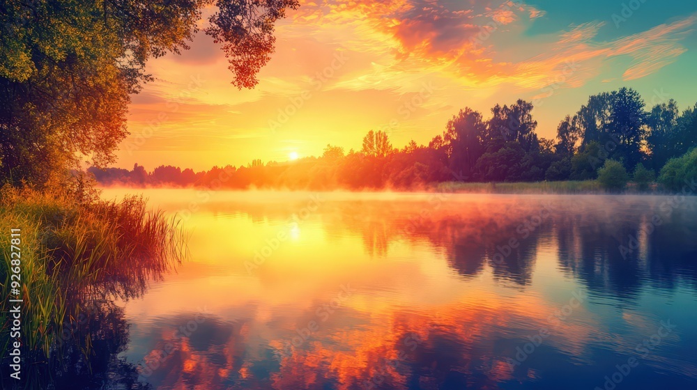 Misty Morning Sunrise Over Still Lake. Misty Morning Sunrise Over Still Lake.