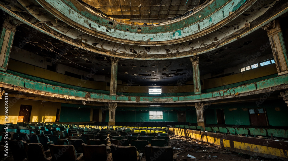 Obraz premium Abandoned Theater, captured in a decaying grandeur in the early evening light of a golden sunlight 