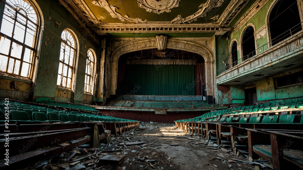 Obraz premium Abandoned Theater, captured in a decaying grandeur in the early evening light of a golden sunlight 
