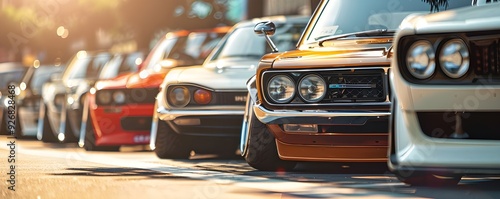 A row of different cars parked side by side in the parking lot.