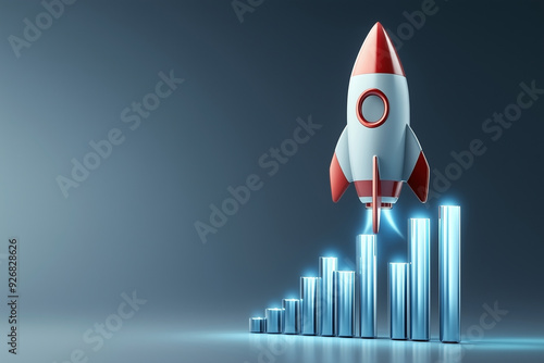 Growth in graph bar with rocket rising moving up photo