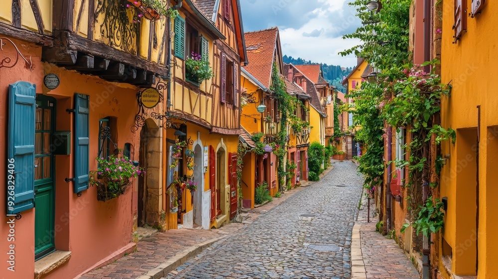 Fototapeta premium Charming cobblestone street in a picturesque European town.