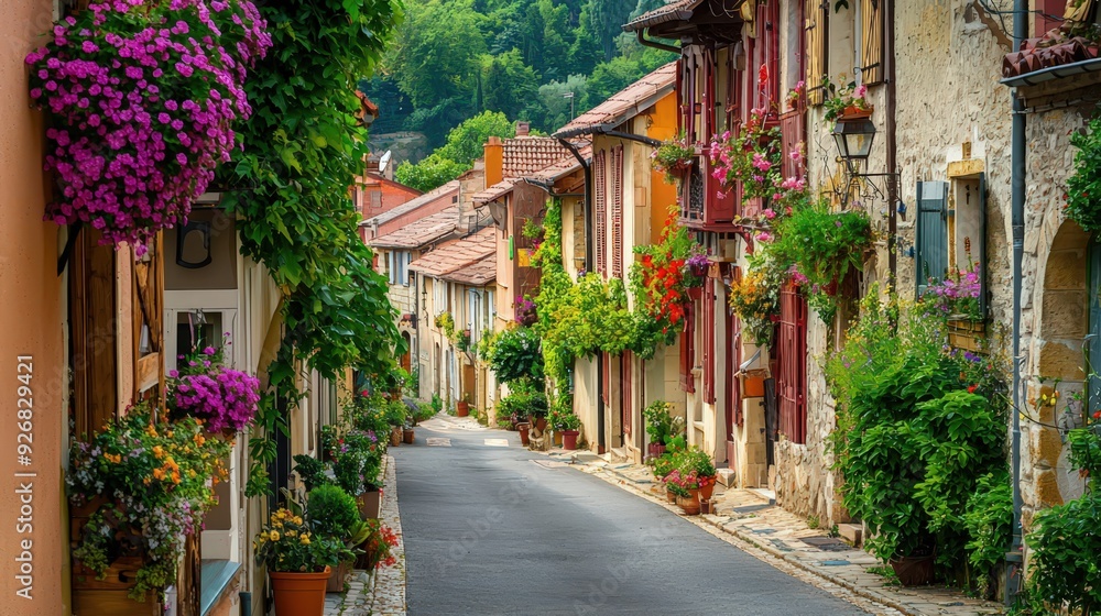 Charming cobblestone street lined with colorful flowers and old stone houses. Charming cobblestone street lined with colorful flowers and old stone houses.