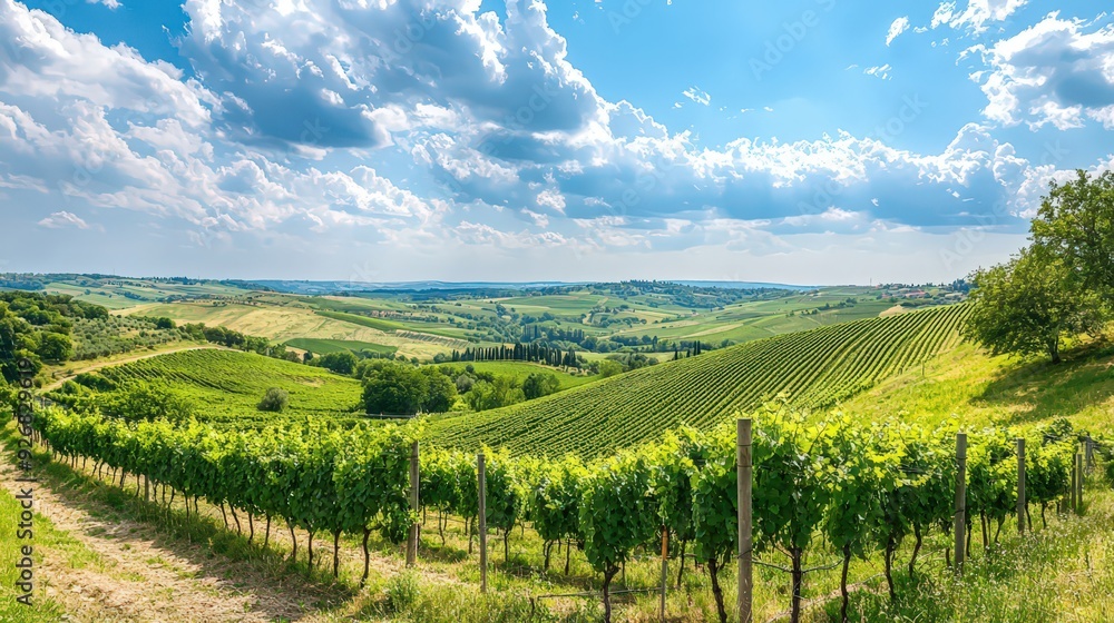 Naklejka premium Vineyard Landscape with Rolling Hills and Cloudy Sky.