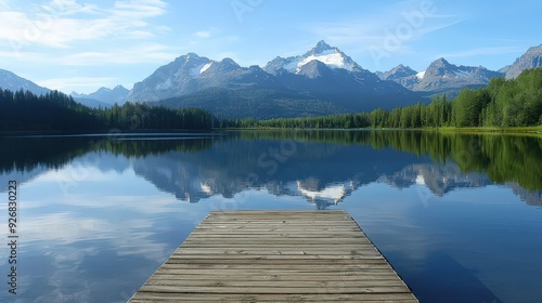 Tranquil Mountain Lake with Wooden Dock.