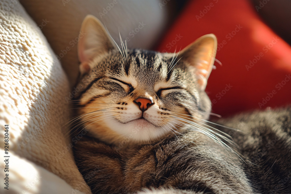 A cute and happy cat resting peacefully, providing comfort and companionship A cute and happy cat resting peacefully, providing comfort and companionship
