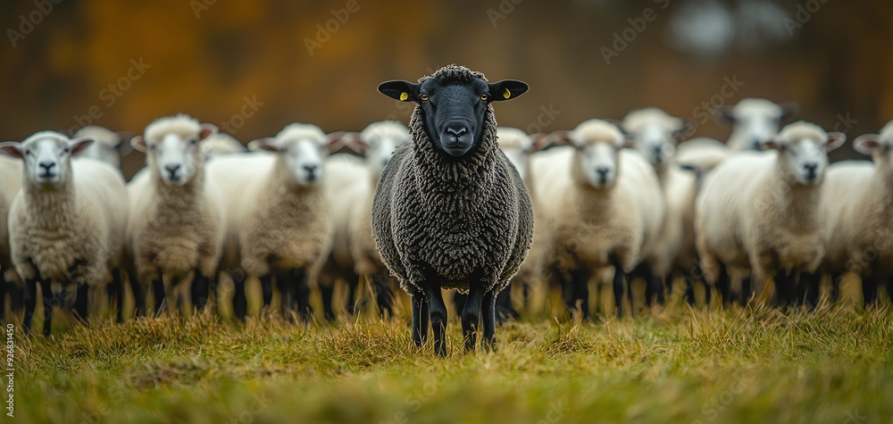 Black sheep standing out in a field of white sheep at sunset. Black sheep standing out in a field of white sheep at sunset.