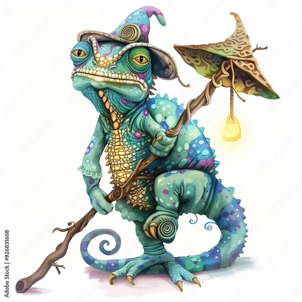 Fototapeta premium Chameleon Enchanter Occupation fantasy animal cartoon isolated whitebackground